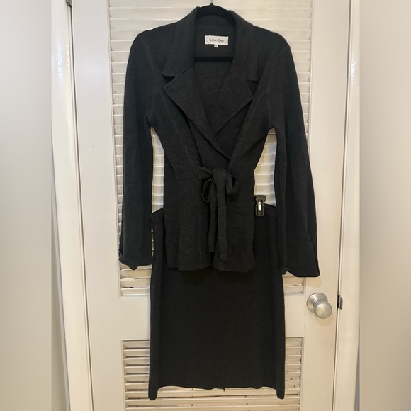 Calvin Klein Charcoal Gray Elevated Belted Wool Cardigan and Skirt set - Picture 7 of 8